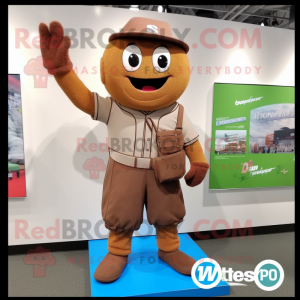 Brown Baseball Glove mascot costume character dressed with a Vest and Messenger bags