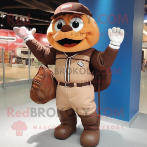 Brown Baseball Glove mascot costume character dressed with a Vest and Messenger bags
