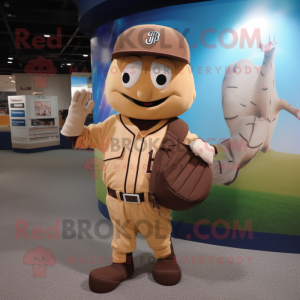 Brown Baseball Glove mascot costume character dressed with a Vest and Messenger bags