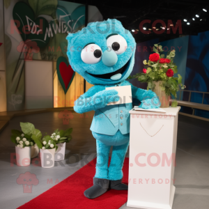 Cyan Love Letter mascot costume character dressed with a Vest and Suspenders