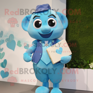 Cyan Love Letter mascot costume character dressed with a Vest and Suspenders