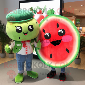 nan Watermelon mascot costume character dressed with a Boyfriend Jeans and Brooches