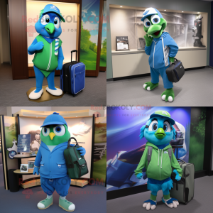 Green Blue Jay mascot costume character dressed with a Hoodie and Briefcases