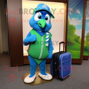 Green Blue Jay mascot costume character dressed with a Hoodie and Briefcases