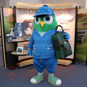 Green Blue Jay mascot costume character dressed with a Hoodie and Briefcases