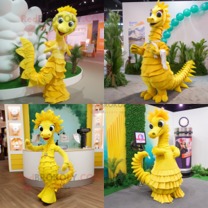 Yellow Seahorse mascot costume character dressed with a Pleated Skirt and Bracelets