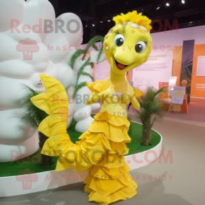 Yellow Seahorse mascot costume character dressed with a Pleated Skirt and Bracelets