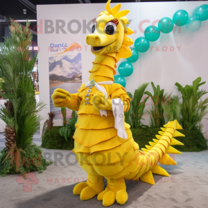 Yellow Seahorse mascot costume character dressed with a Pleated Skirt and Bracelets