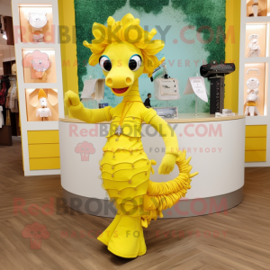 Yellow Seahorse mascot costume character dressed with a Pleated Skirt and Bracelets