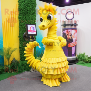 Yellow Seahorse mascot costume character dressed with a Pleated Skirt and Bracelets