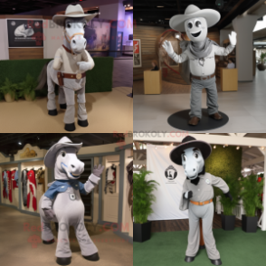 Gray Horseshoe mascot costume character dressed with a Long Sleeve Tee and Suspenders