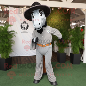 Gray Horseshoe mascot costume character dressed with a Long Sleeve Tee and Suspenders