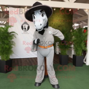 Gray Horseshoe mascot costume character dressed with a Long Sleeve Tee and Suspenders