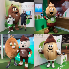 Brown Onion mascot costume character dressed with a Rugby Shirt and Smartwatches