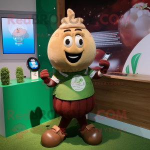 Brown Onion mascot costume character dressed with a Rugby Shirt and Smartwatches