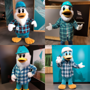 Turquoise Swans mascot costume character dressed with a Flannel Shirt and Beanies