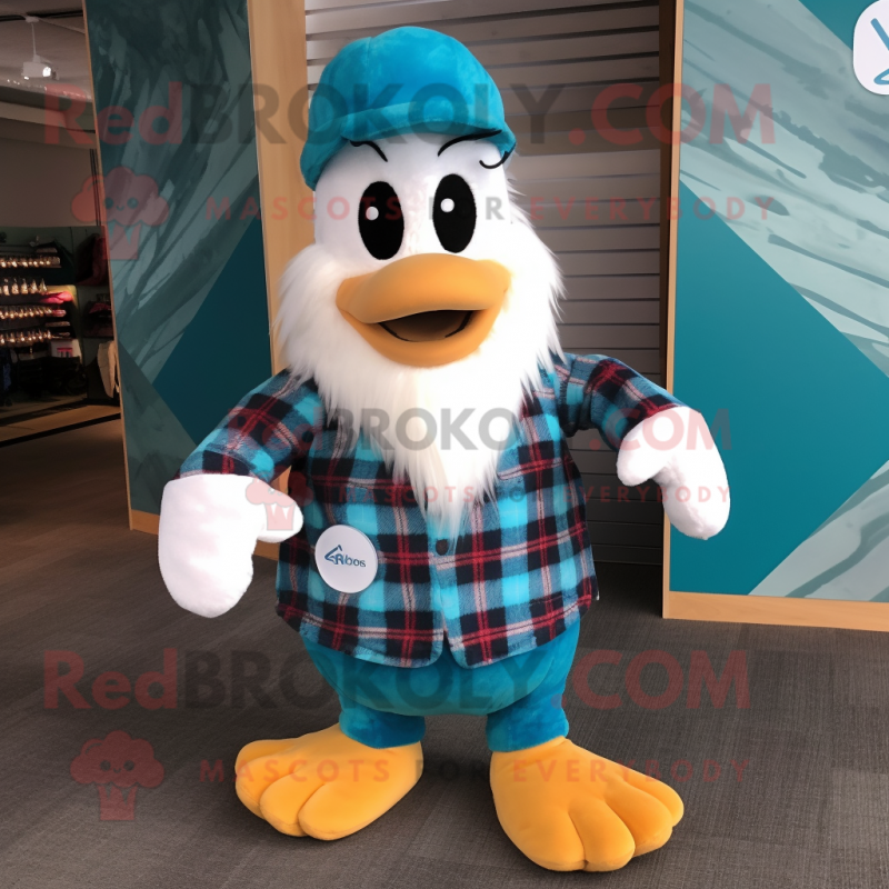 Turquoise Swans mascot costume character dressed with a Flannel Shirt and Beanies Turquoise Swans mascot costume character dressed with a Flannel Shirt and Beanies