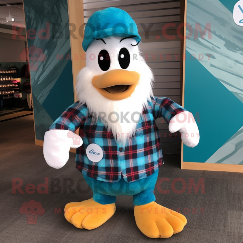 Turquoise Swans mascot costume character dressed with a Flannel Shirt and Beanies