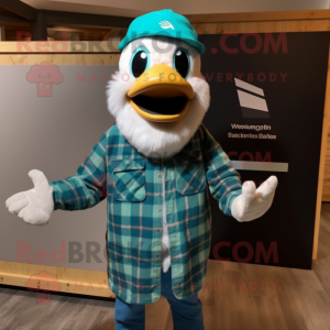 Turquoise Swans mascot costume character dressed with a Flannel Shirt and Beanies