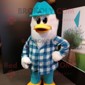 Turquoise Swans mascot costume character dressed with a Flannel Shirt and Beanies