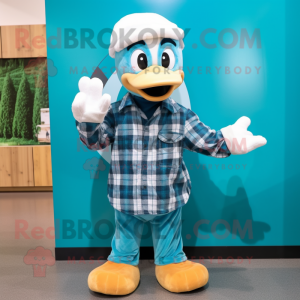 Turquoise Swans mascot costume character dressed with a Flannel Shirt and Beanies