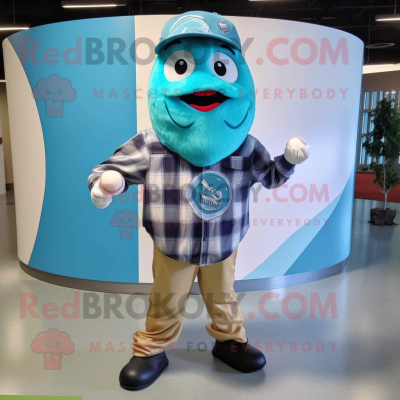 Cyan Baseball Ball mascot costume character dressed with a Flannel Shirt and Scarves