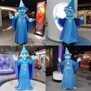 Sky Blue Magician mascot costume character dressed with a Empire Waist Dress and Necklaces