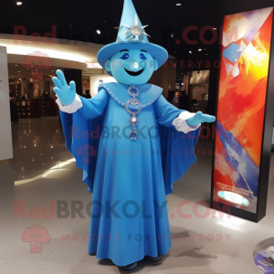 Sky Blue Magician mascot costume character dressed with a Empire Waist Dress and Necklaces