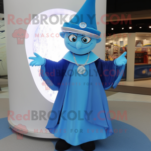 Sky Blue Magician mascot costume character dressed with a Empire Waist Dress and Necklaces