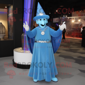 Sky Blue Magician mascot costume character dressed with a Empire Waist Dress and Necklaces