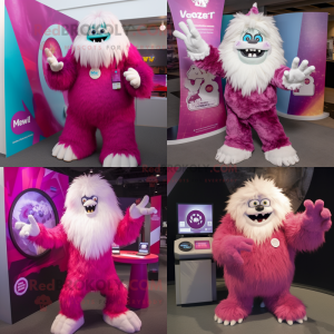 Magenta Yeti mascot costume character dressed with a Flare Jeans and Rings