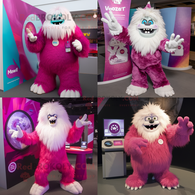 Magenta Yeti mascot costume character dressed with a Flare Jeans and Rings Magenta Yeti mascot costume character dressed with a Flare Jeans and Rings
