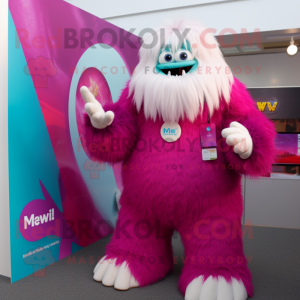 Magenta Yeti mascot costume character dressed with a Flare Jeans and Rings