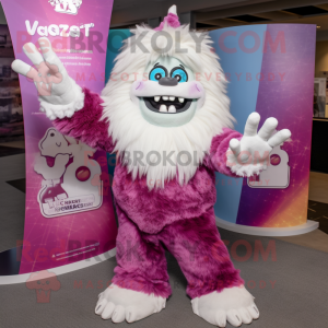 Magenta Yeti mascot costume character dressed with a Flare Jeans and Rings
