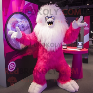 Magenta Yeti mascot costume character dressed with a Flare Jeans and Rings