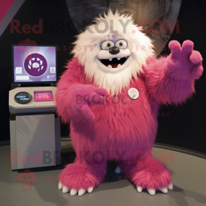 Magenta Yeti mascot costume character dressed with a Flare Jeans and Rings