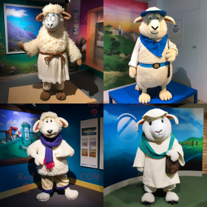 Cream Suffolk Sheep mascot costume character dressed with a Bermuda Shorts and Shawls