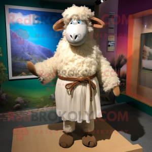 Cream Suffolk Sheep mascot costume character dressed with a Bermuda Shorts and Shawls