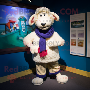 Cream Suffolk Sheep mascot costume character dressed with a Bermuda Shorts and Shawls