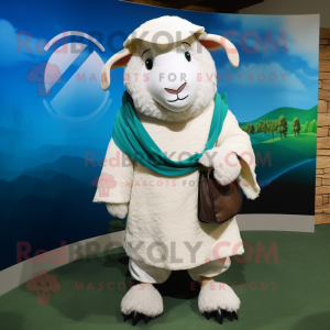 Cream Suffolk Sheep mascot costume character dressed with a Bermuda Shorts and Shawls