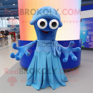 Blue Octopus mascot costume character dressed with a Maxi Skirt and Eyeglasses