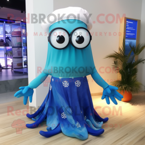 Blue Octopus mascot costume character dressed with a Maxi Skirt and Eyeglasses