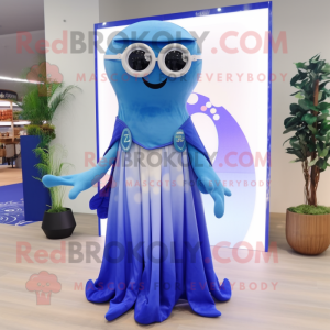 Blue Octopus mascot costume character dressed with a Maxi Skirt and Eyeglasses