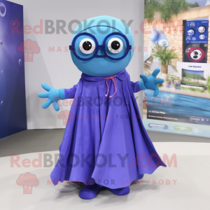 Blue Octopus mascot costume character dressed with a Maxi Skirt and Eyeglasses