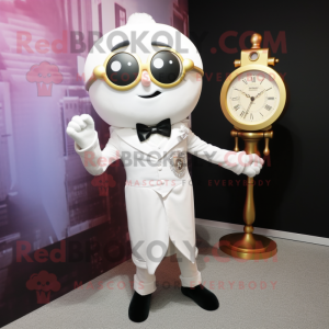White Hourglass mascot costume character dressed with a Blazer and Clutch bags