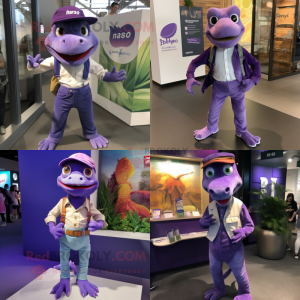 Purple Lizard mascot costume character dressed with a Mom Jeans and Pocket squares