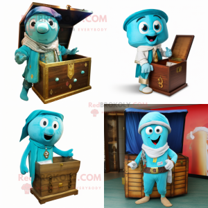 Cyan Treasure Chest mascot costume character dressed with a Chinos and Shawl pins