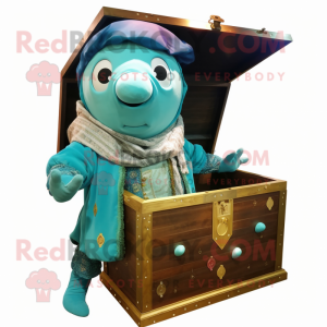 Cyan Treasure Chest mascot costume character dressed with a Chinos and Shawl pins