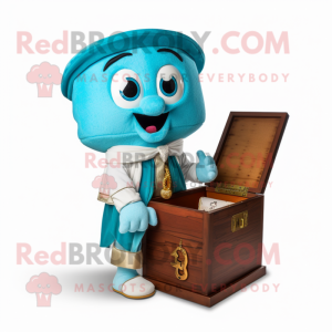 Cyan Treasure Chest mascot costume character dressed with a Chinos and Shawl pins