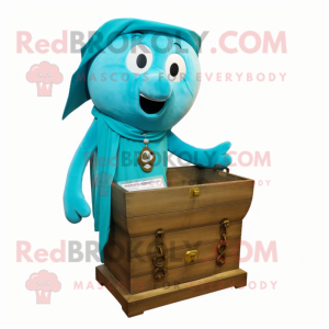 Cyan Treasure Chest mascot costume character dressed with a Chinos and Shawl pins